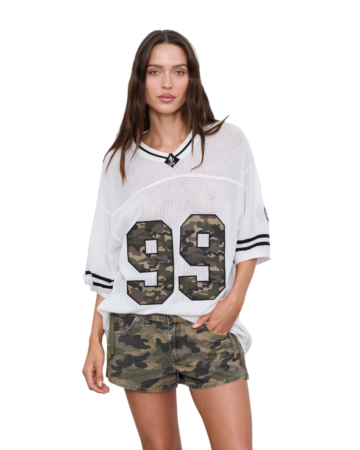 WOMENS DERBY BOYFRIEND SS JERSEY CAMO SHELL TEES