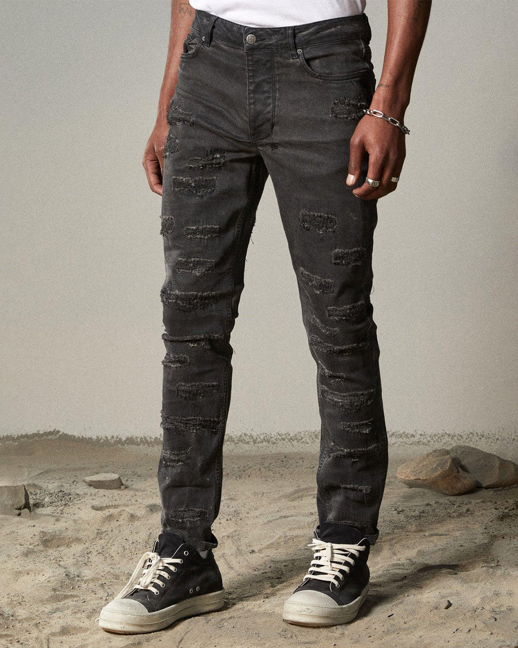 Mens Chitch Oil Slick Repair Slim Denim Jeans - Black