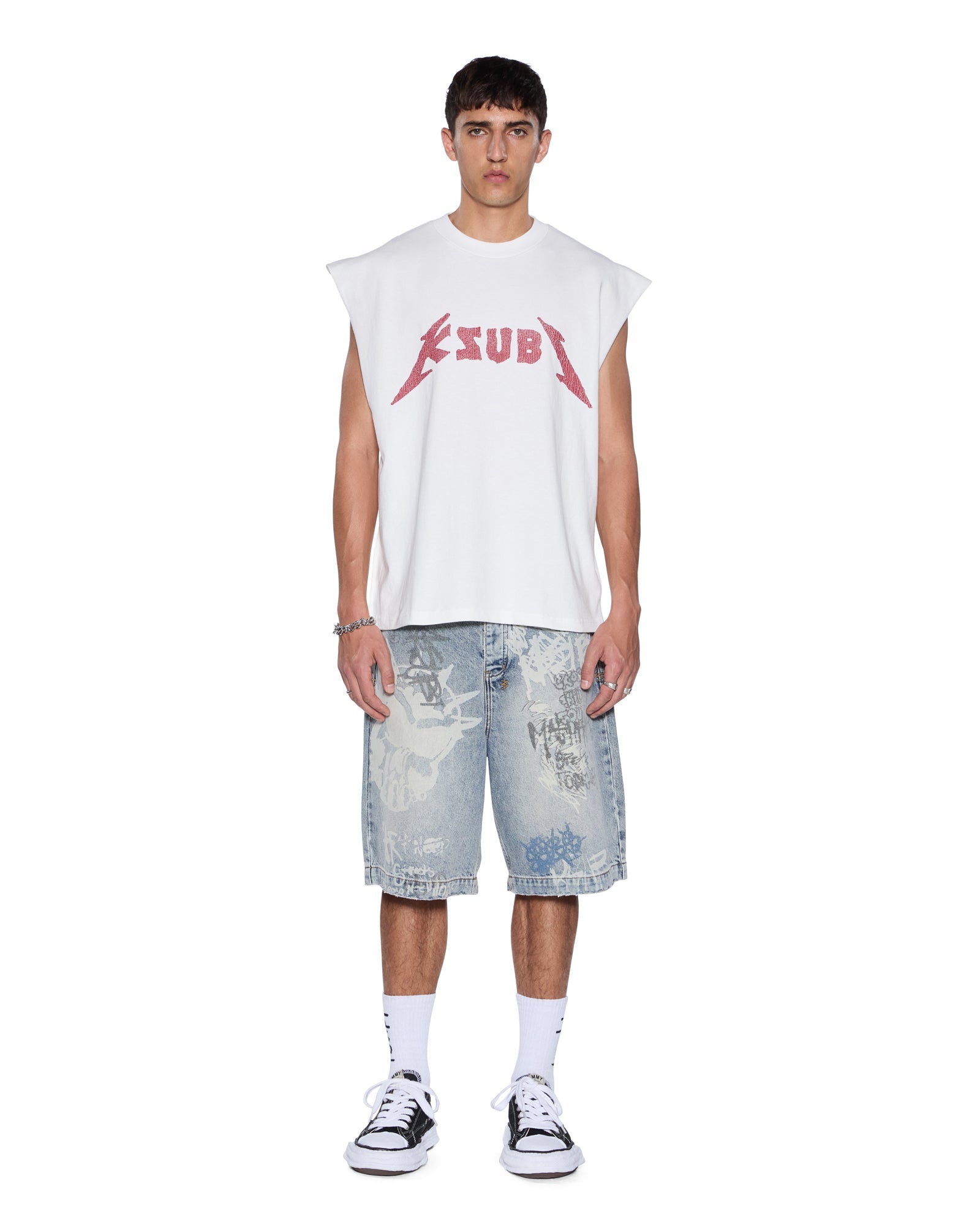 MENS  LINE UP EKCESS CUT OFF TEE WHITE/RED OVERSIZED TEES