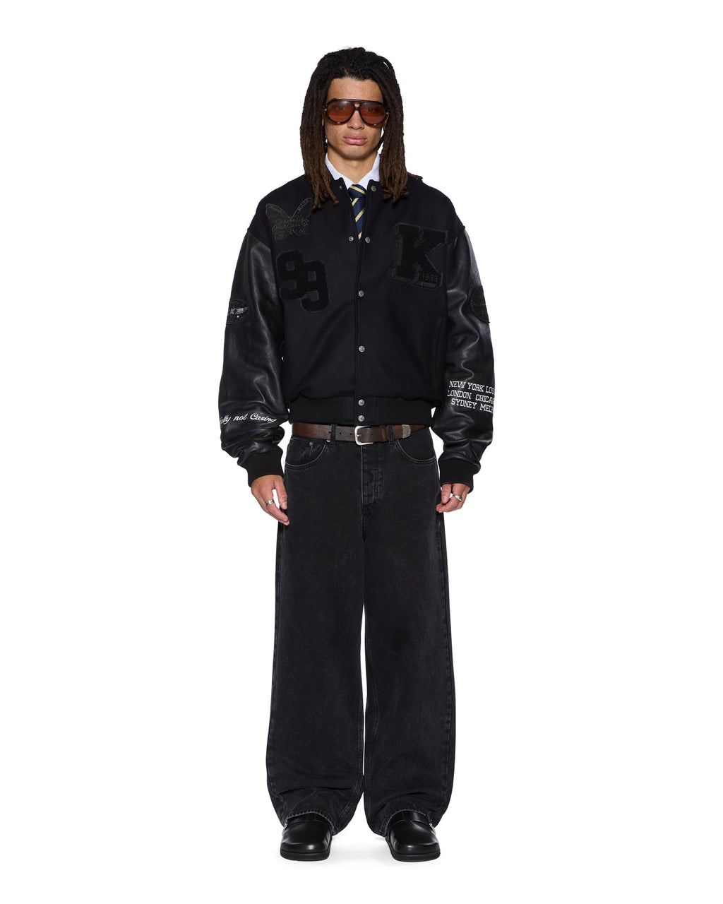 MENS PATCHED VARSITY JACKET BLACK JACKETS