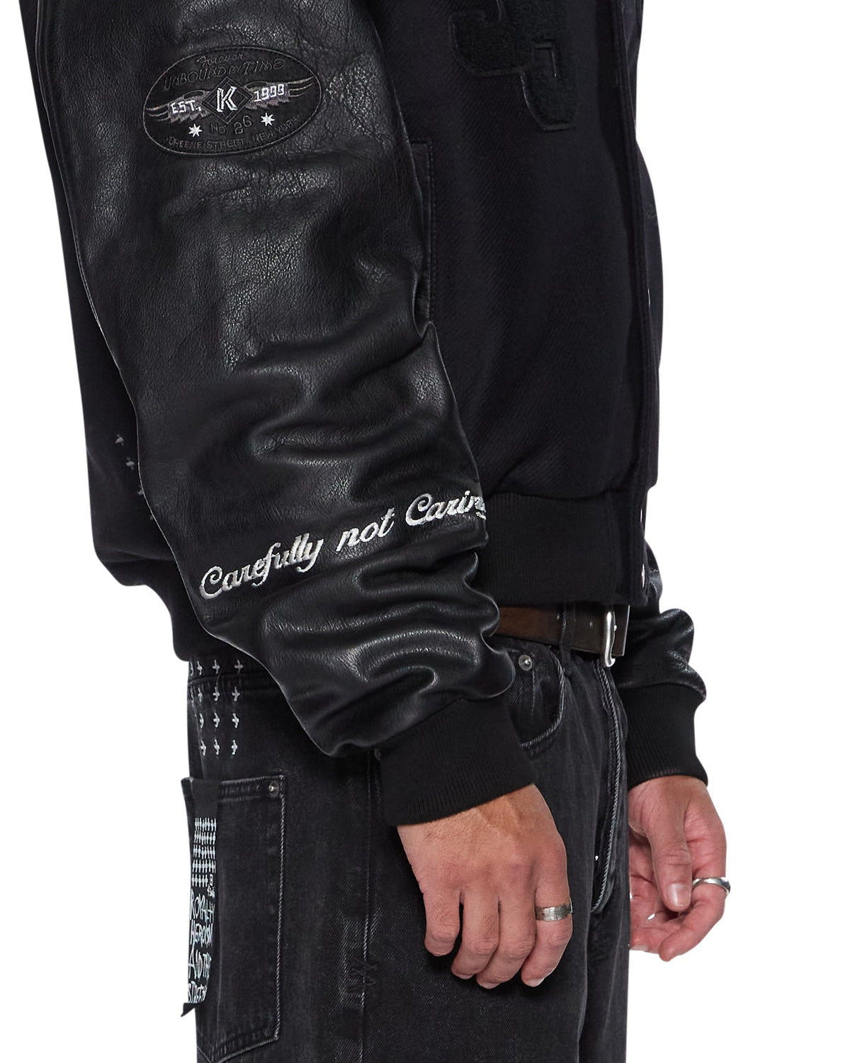 MENS PATCHED VARSITY JACKET BLACK JACKETS