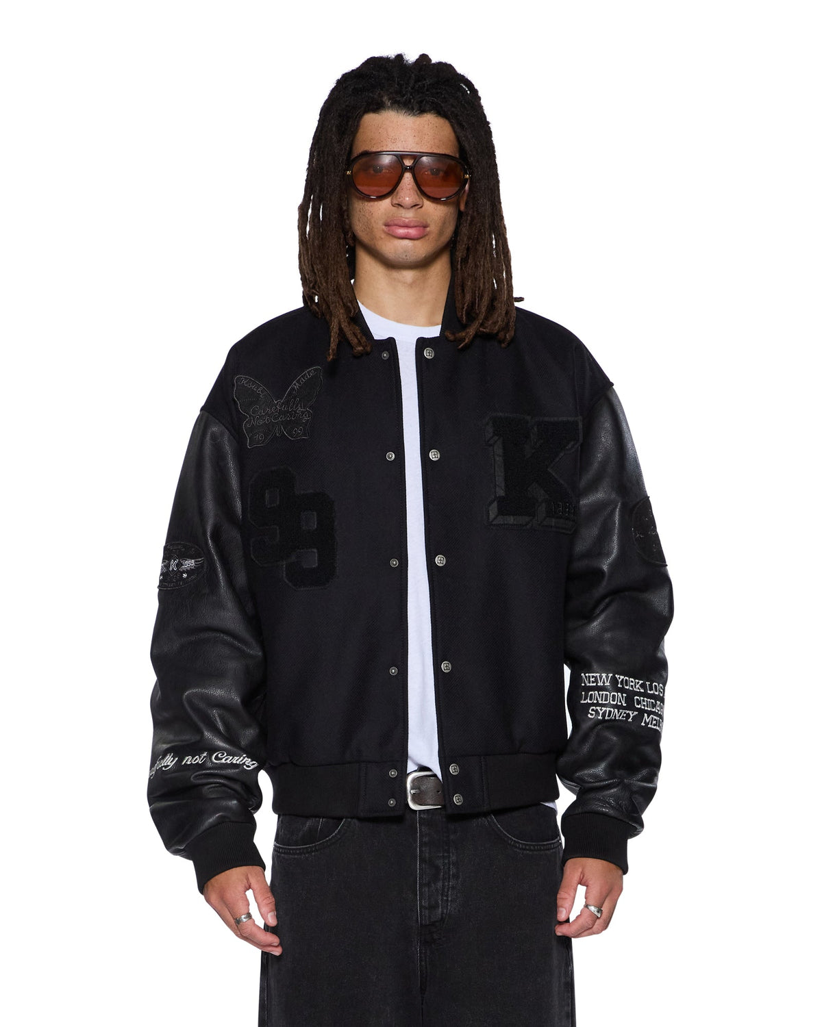 MENS PATCHED VARSITY JACKET BLACK JACKETS