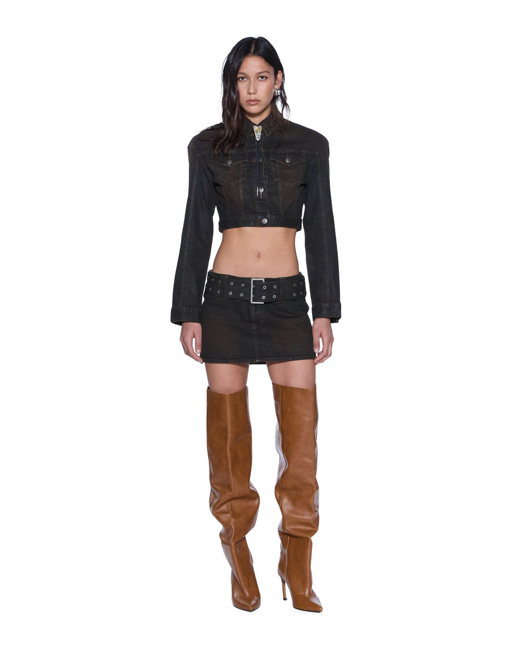 WOMENS MICRO MINI SKIRT BELTED GREASED SKIRTS