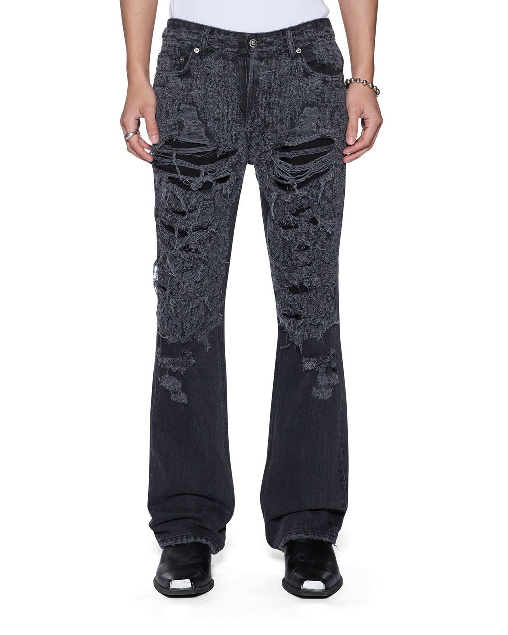 Mens Bronko Asher Black Trashed Bootcut Denim Jeans - Grey