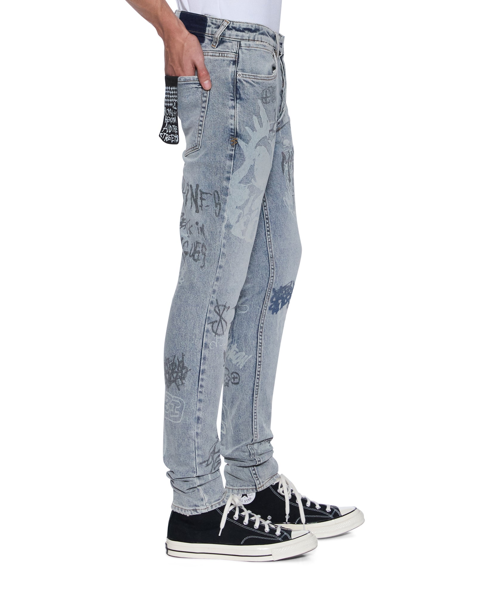 MENS  VAN WINKLE ROGUE BLUE GRAFFITI SKINNY DENIM JEANS