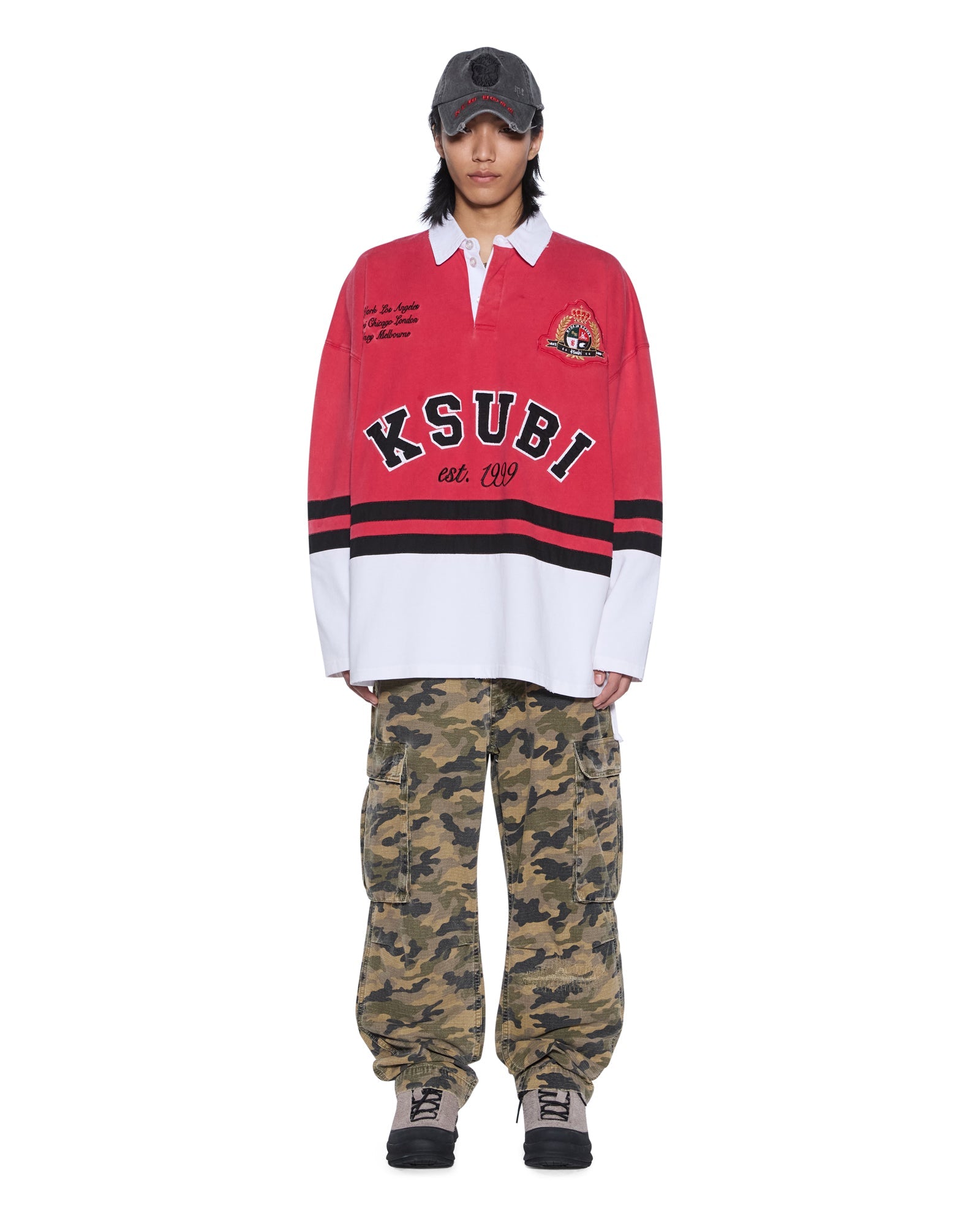 MENS  DUKE RUGBY LS JERSEY RED OVERSIZED FASHION TOPS