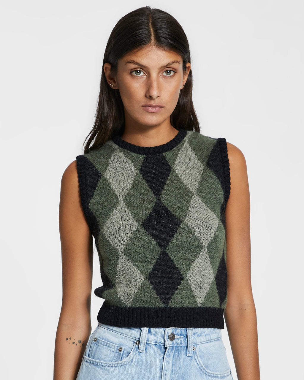 Womens Freshman Shrunken Vest Green Slim Knitwear - Green