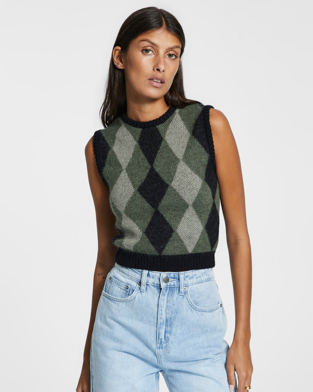 Womens Freshman Shrunken Vest Green Slim Knitwear - Green