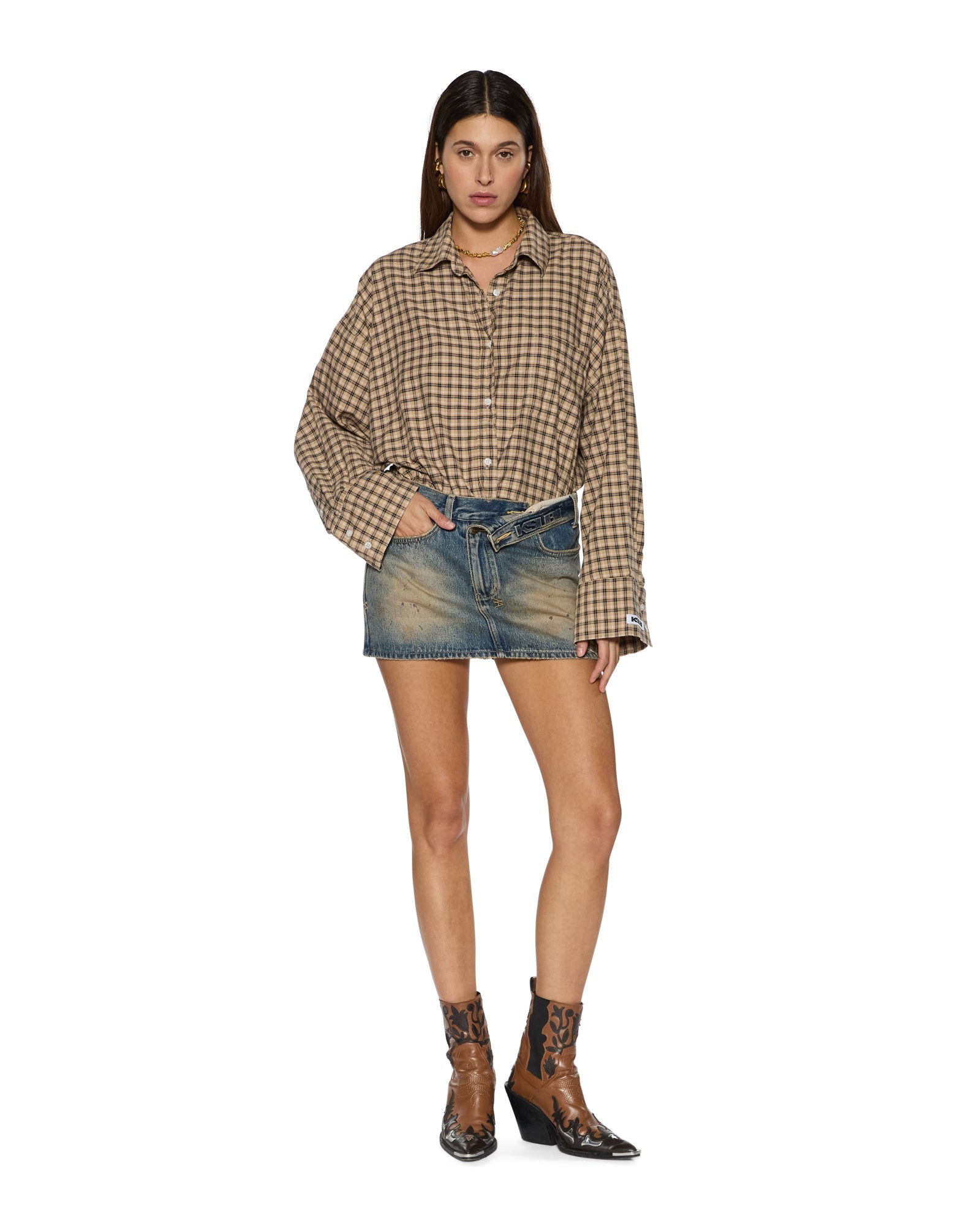 WOMENS ASTRA LS SHIRT TAN PLAID OVERSIZED SHIRTS