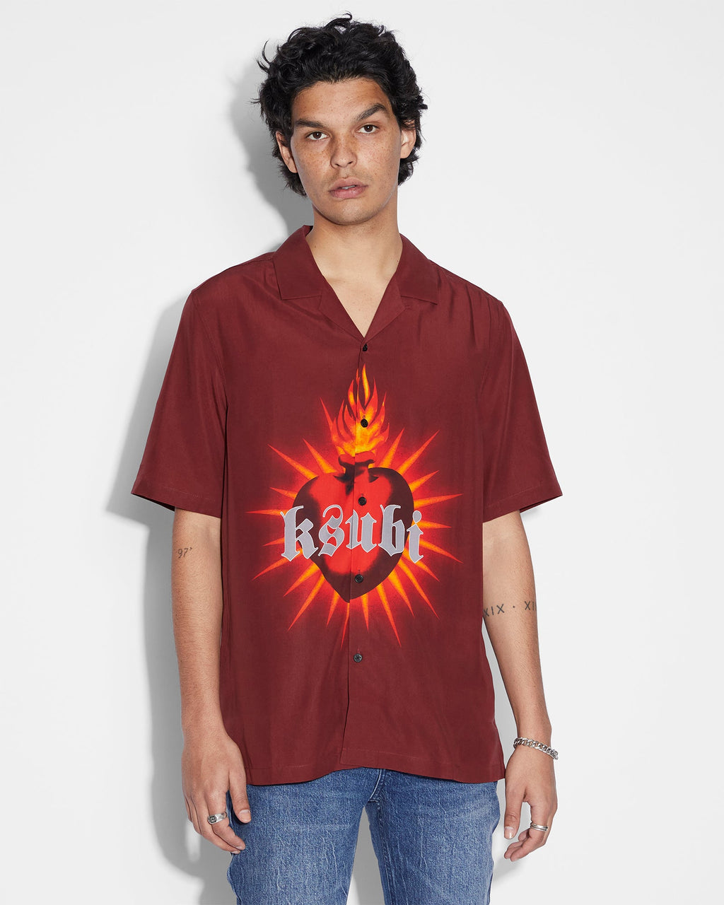 Mens Heart Resort Ss Shirt Crimson Regular Shirts - Red