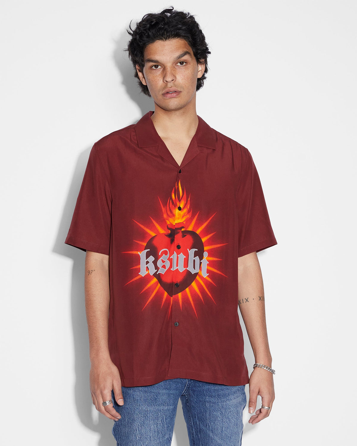 Mens Heart Resort Ss Shirt Crimson Regular Shirts - Red