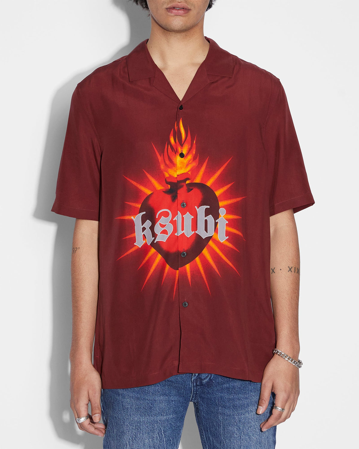 Mens Heart Resort Ss Shirt Crimson Regular Shirts - Red