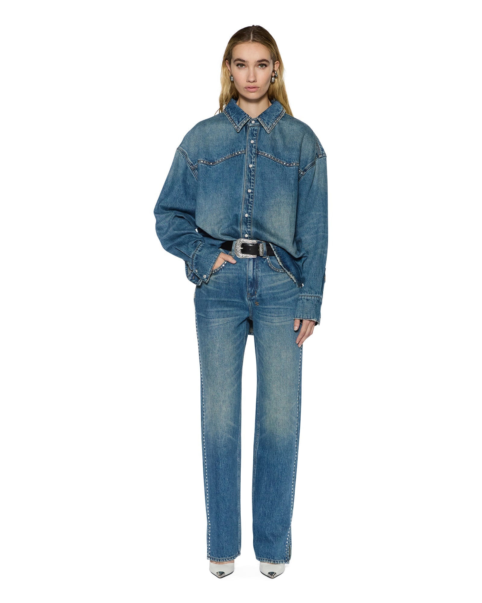 WOMENS  PLAYBACK TEXAS BLUE STUDDED RELAXED DENIM JEANS