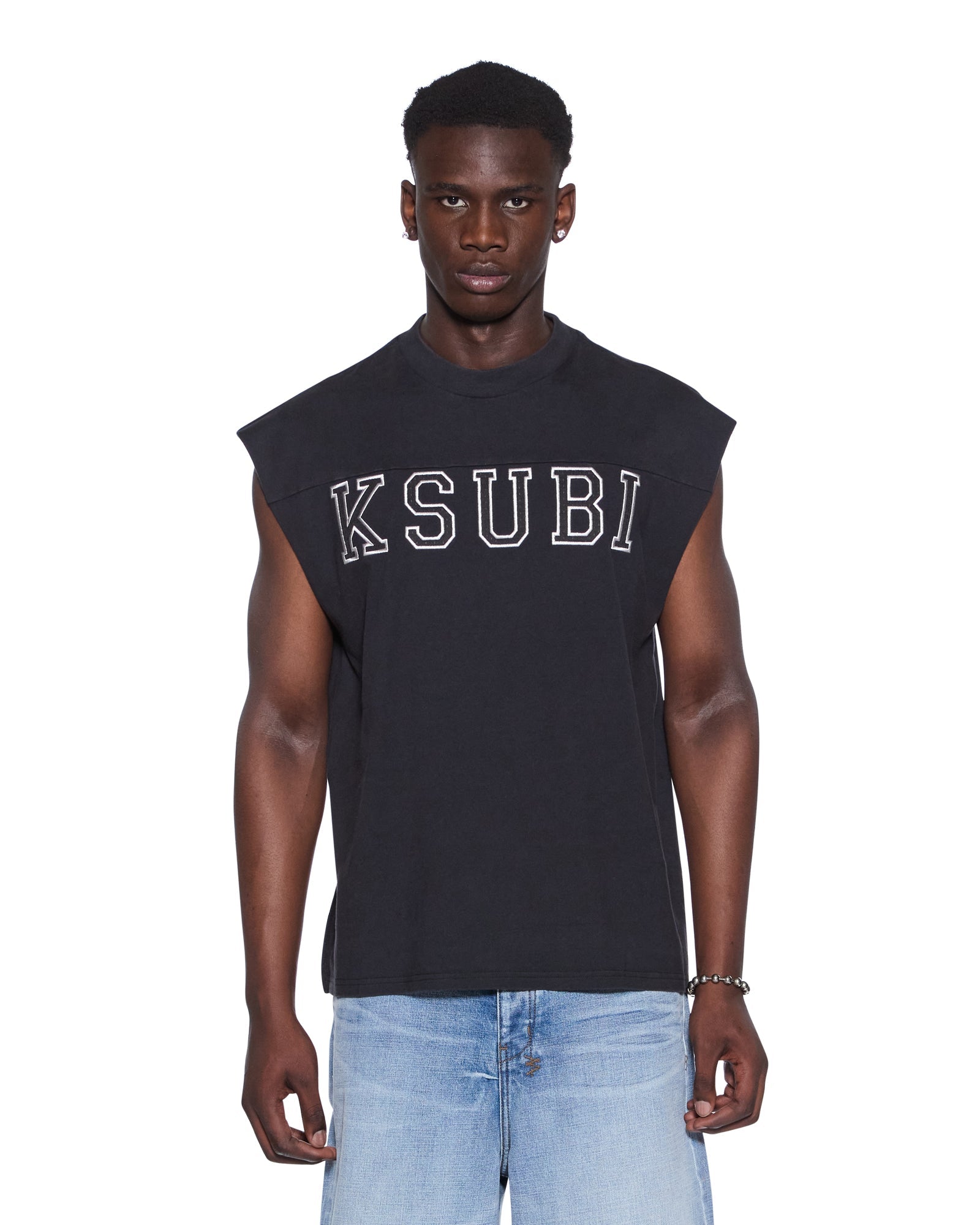 MENS  TOUCHDOWN EKCESS CUT OFF TANK JET BLACK OVERSIZED TEES