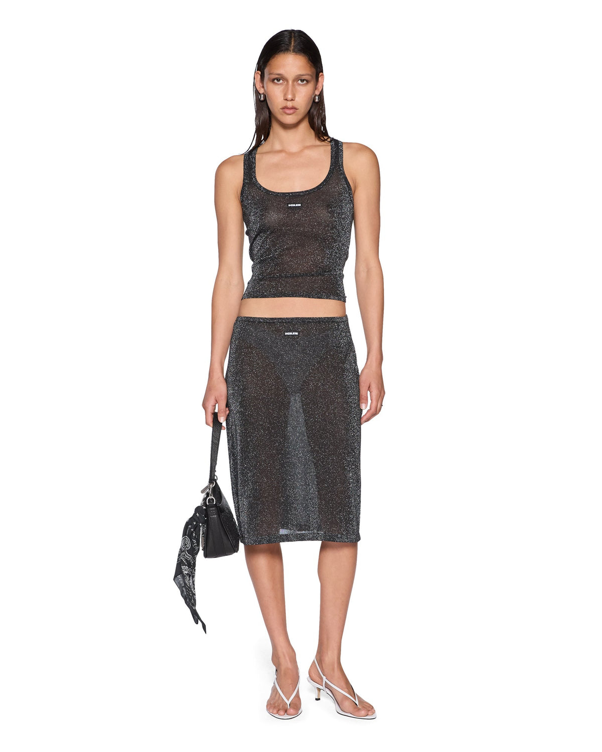 Womens Sott Midi Skirt Silver Lurex Fitted Skirts - Silver